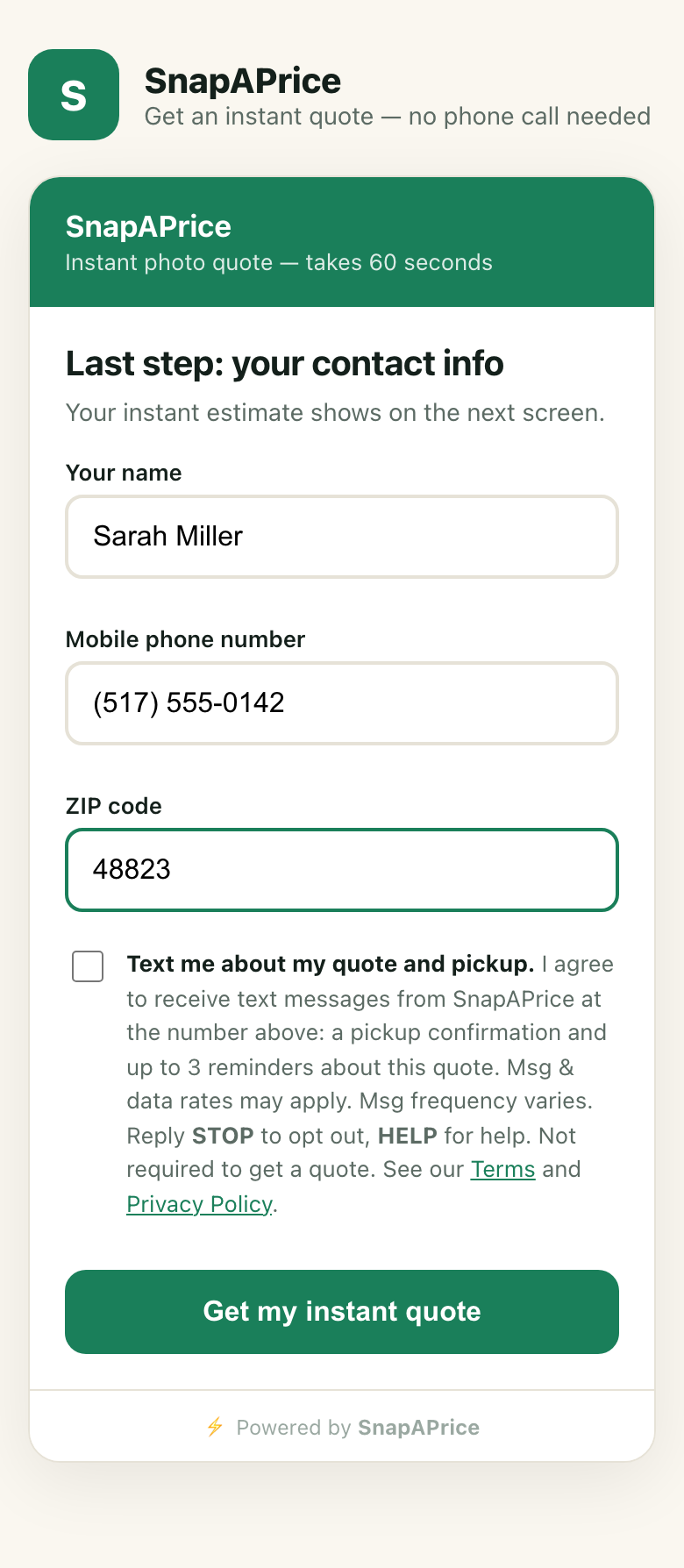 SnapAPrice quote form, contact step: name, mobile phone number and ZIP fields, an unchecked SMS consent checkbox, and the Get my instant quote button