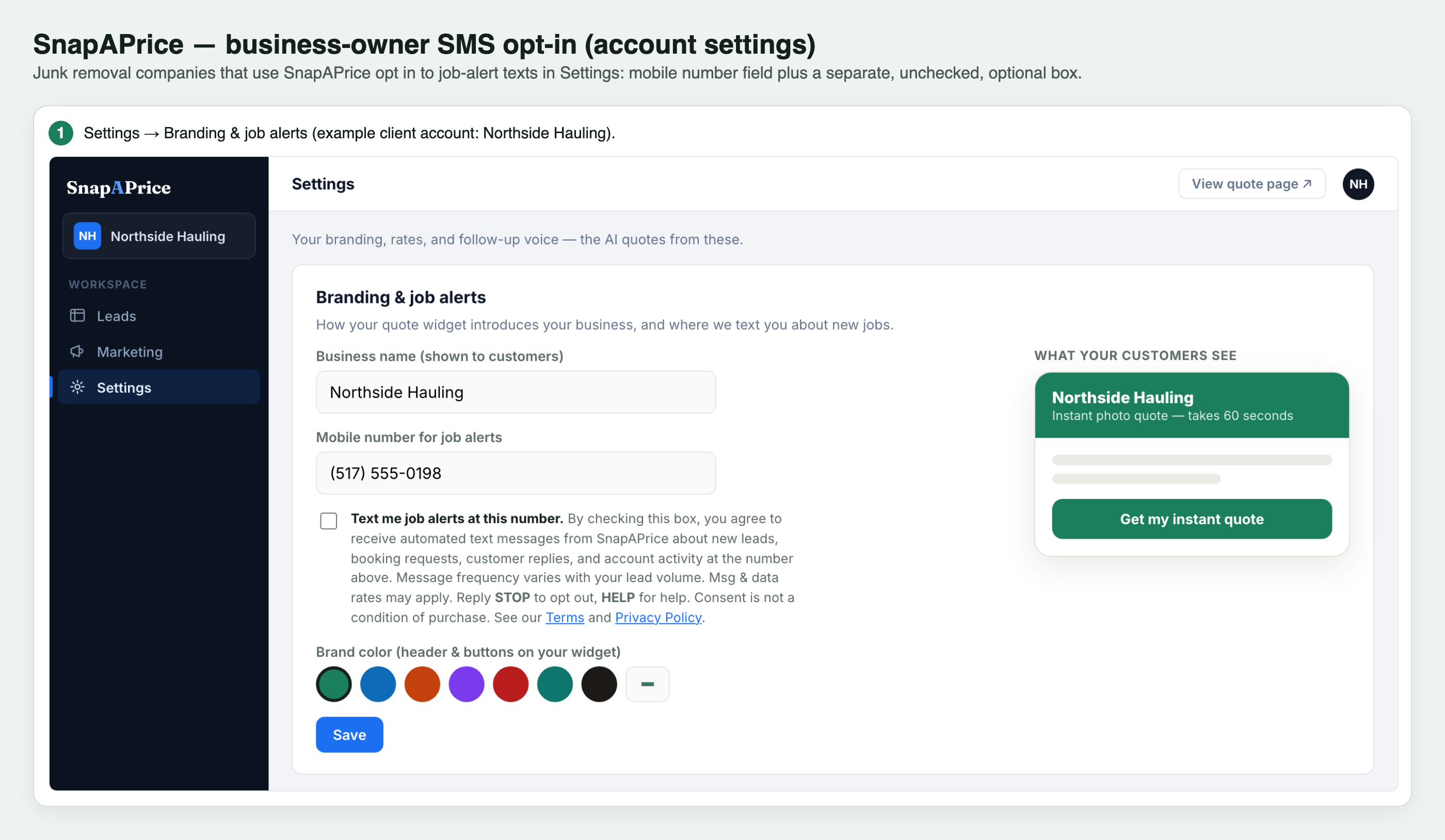 SnapAPrice dashboard Settings: mobile number for job alerts field, an unchecked job-alert SMS consent checkbox, and the Save button