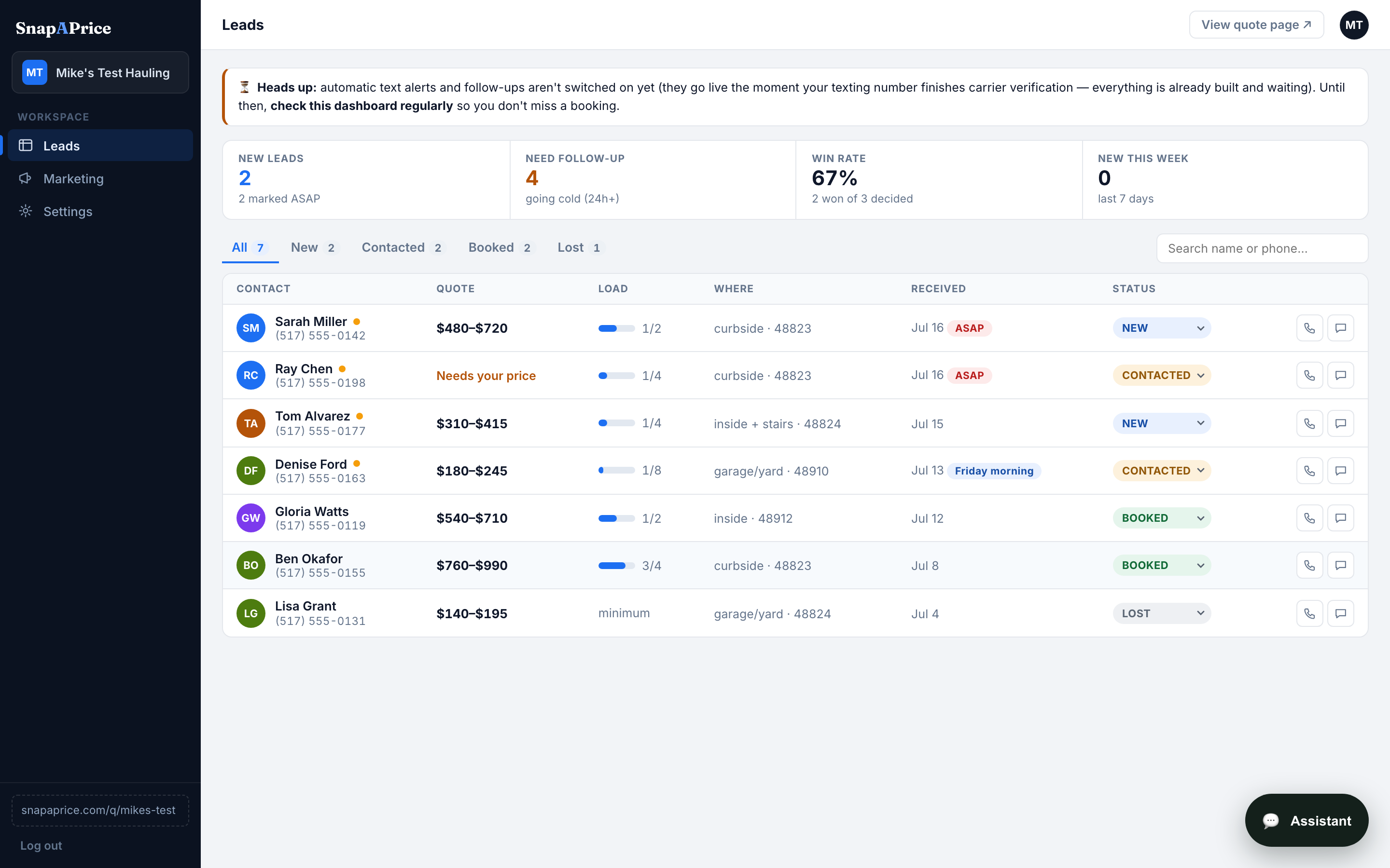 The SnapAPrice dashboard: a lead table with quotes, truck-load gauges, statuses, and one-tap call or text